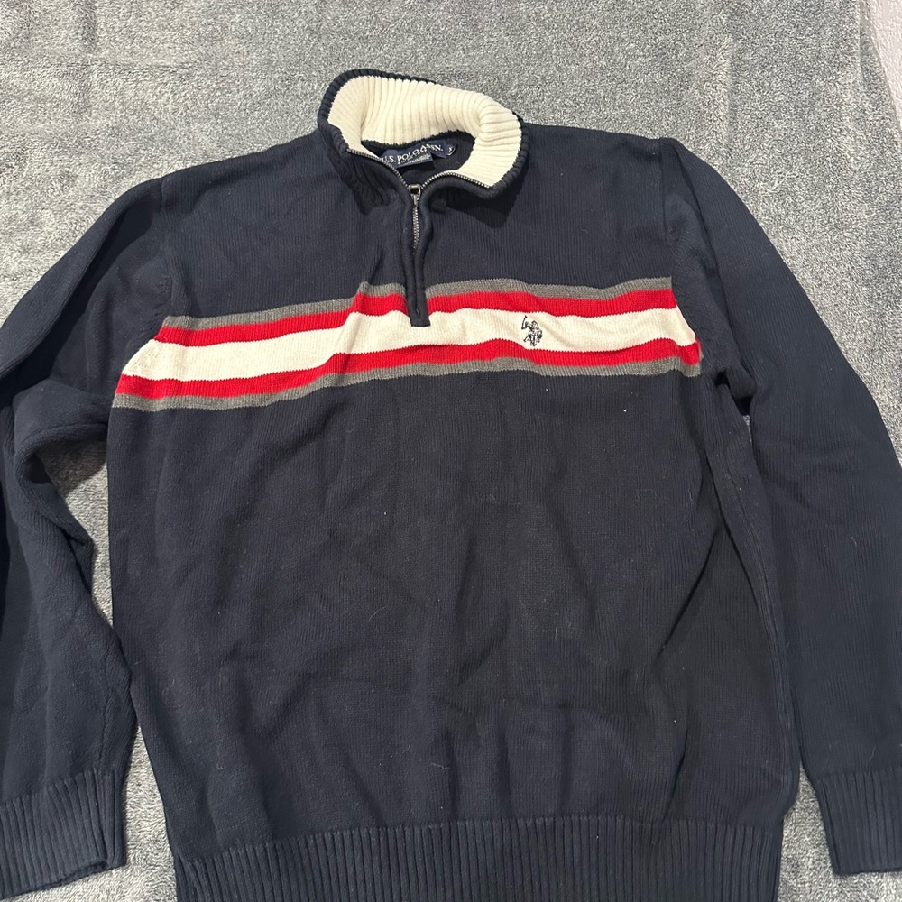 U.S. Polo Assn. Navy Zip-Up Sweater with Red and Cream Stripes